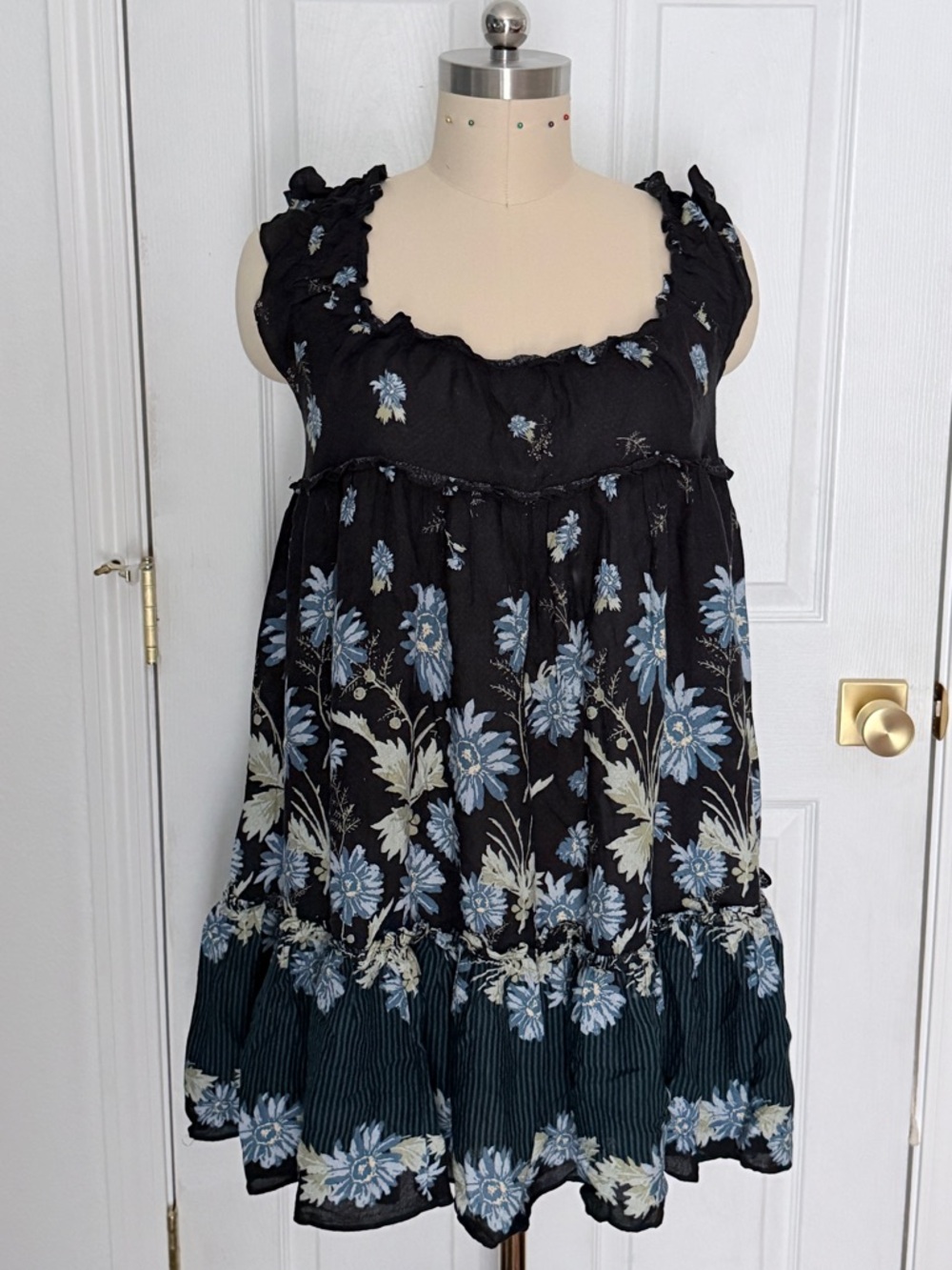 Free People Black and Blue Floral Mini Dress with Ruffles - Picture 5 of 16